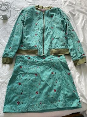 Teal Floral Embroidered Handmade Bomber Jacket and mini Skirt Set M